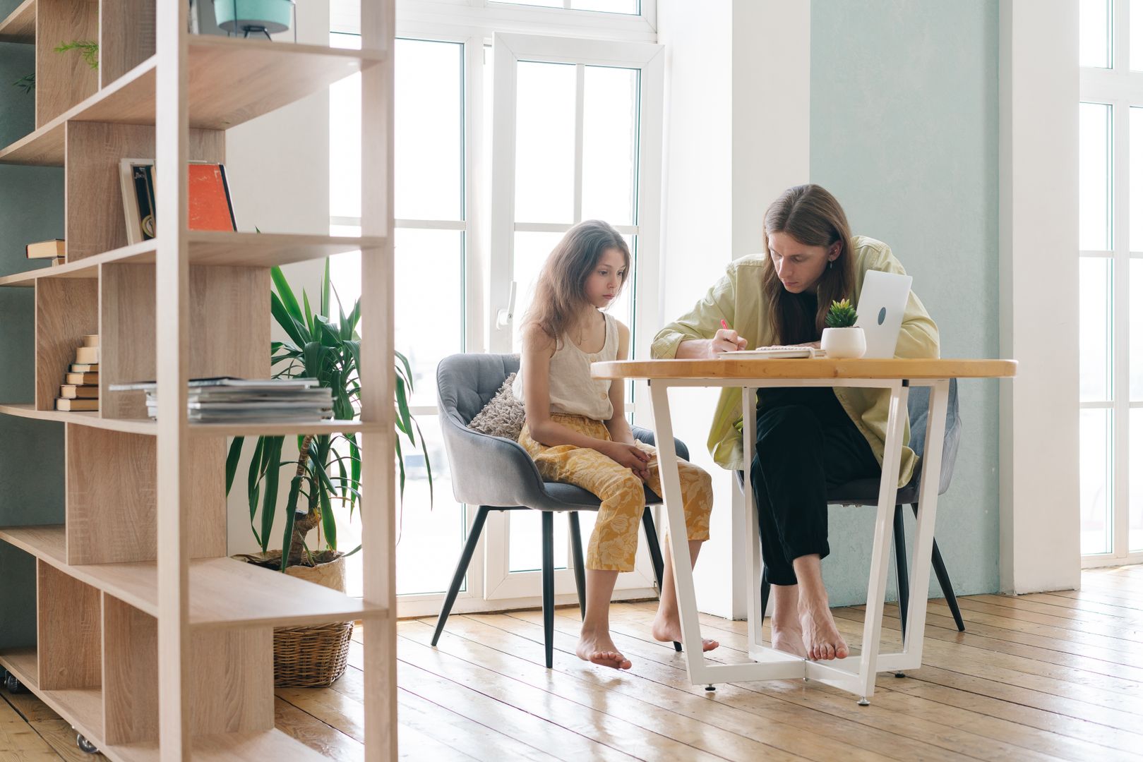 A parent and child search for a suitable exercise together